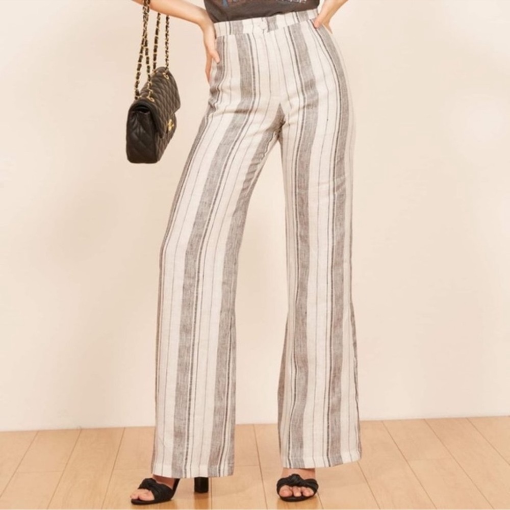Reformation Romero Striped Linen Wide-Leg Pants White Grey 0